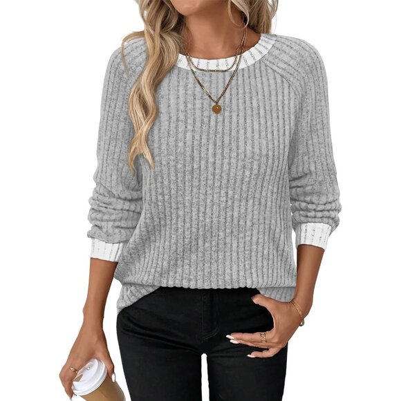 Women's grey Stripes Color Block Long Sleeve Shirt Lightweight Sweater - Picture 2 of 5